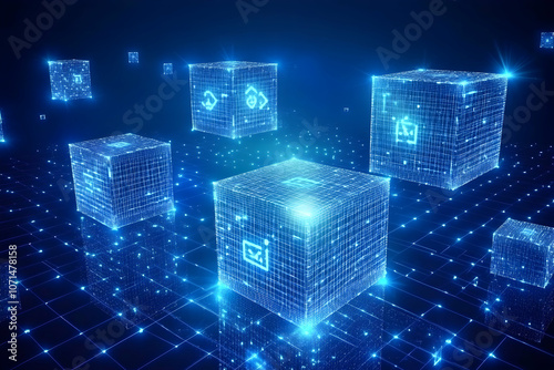 Abstract digital cubes glowing with blue light, representing data, technology, and the future.