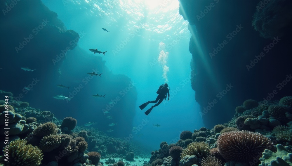 Fototapeta premium Exploring the Ocean's Depths: A Cinematic Deep-Sea Diving Scene