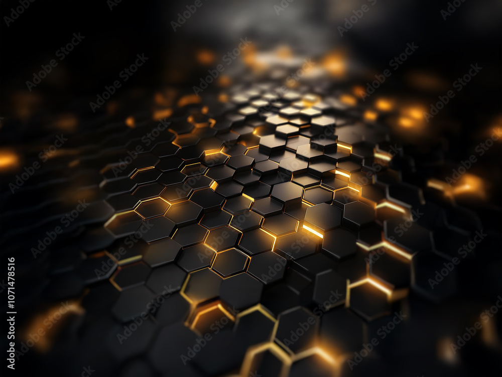 Obraz premium A dark background with a grid of glowing hexagonal shapes creates a futuristic and technological feel.