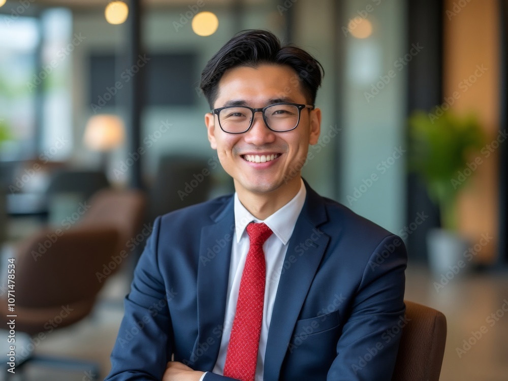 Fototapeta premium Smiling young Asian businessman in a suit and red tie, sitting in a modern office setting, representing confidence and professional success