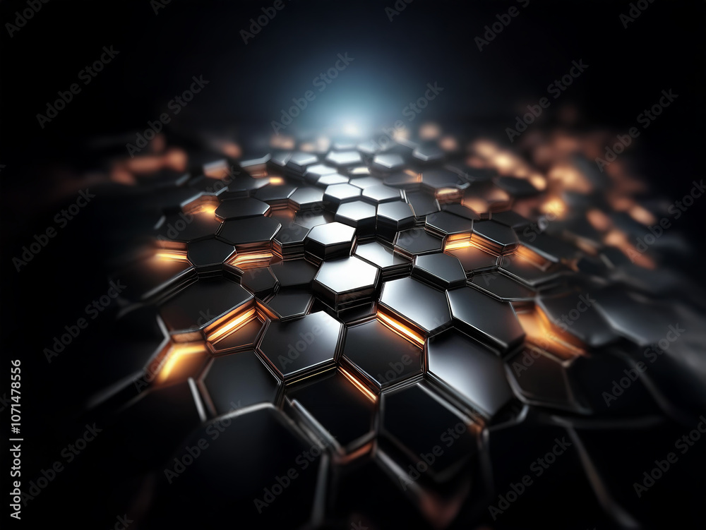 Fototapeta premium A dark background with a metallic hexagonal surface. The surface is illuminated with bright orange and blue light.