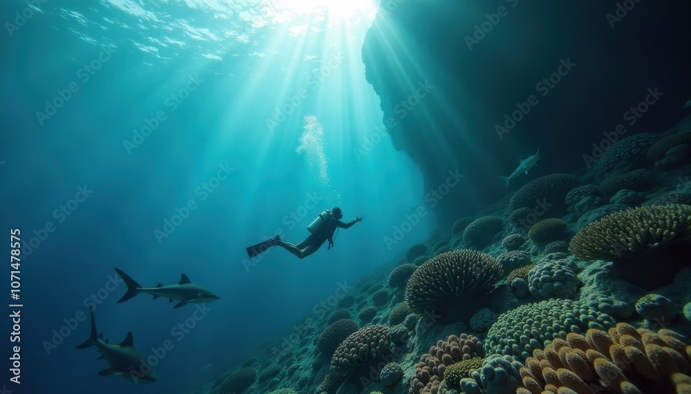 Obraz premium Exploring the Ocean's Depths: A Cinematic Deep-Sea Diving Scene