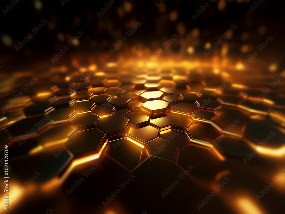 Obraz premium A glowing, abstract, hexagonal pattern shines brightly against a dark background.