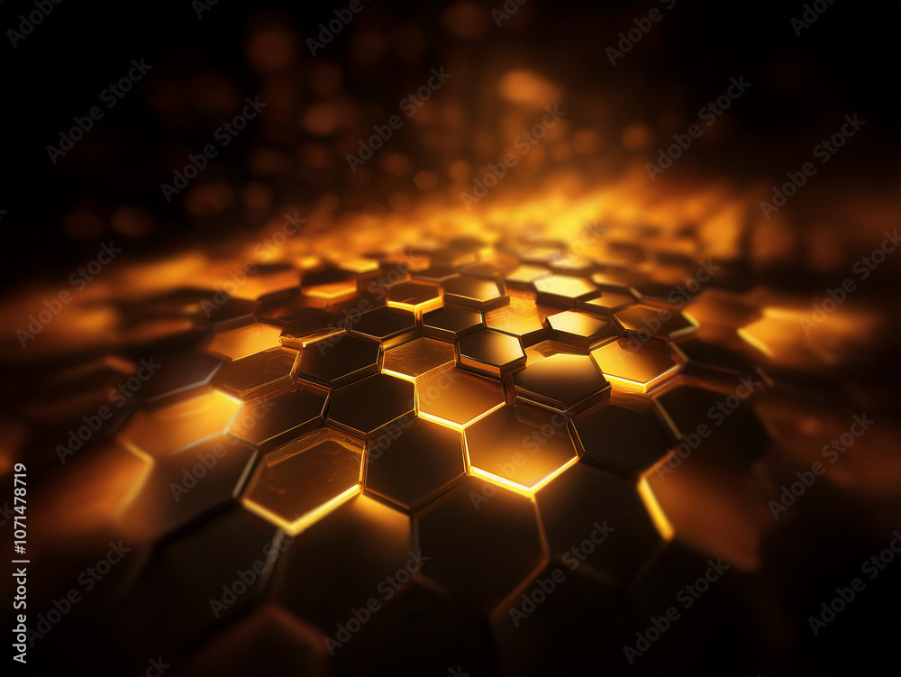 A golden honeycomb pattern with glowing lights, creating a futuristic and abstract background. A golden honeycomb pattern with glowing lights, creating a futuristic and abstract background.