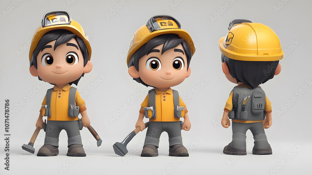 Cute cartoon boy construction worker character with a hammer in three poses. Cute cartoon boy construction worker character with a hammer in three poses.
