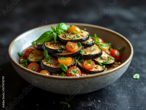 Grilled eggplant and cherry tomato salad with fresh basil served in a rustic bowl, a healthy vegetarian dish with vibrant colors and textures photo