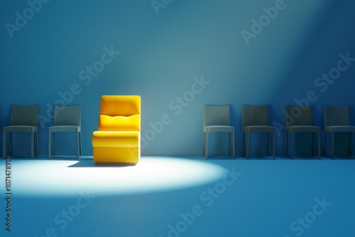 Single yellow chair among neutral chairs, highlighted with spotlight against a blue background