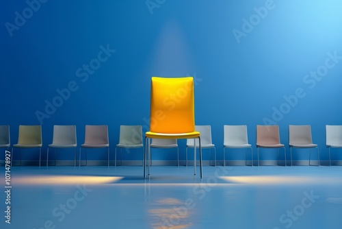 Single yellow chair among neutral chairs, highlighted with spotlight against a blue background