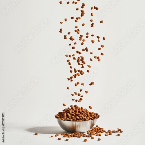 A close-up view of dry cat food scattering out of a bowl against a plain white backdrop.