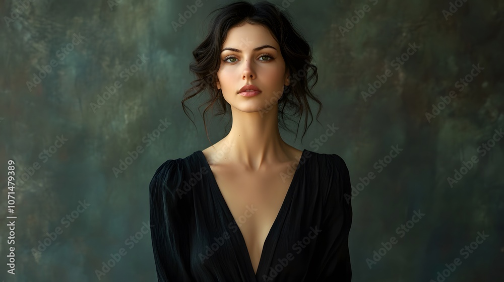 Fototapeta premium Mysterious woman in a black dress with a V-neck