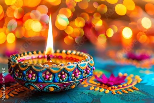 A lit diya, a traditional Indian oil lamp, sits on a colorful patterned fabric with bokeh lights in the background.