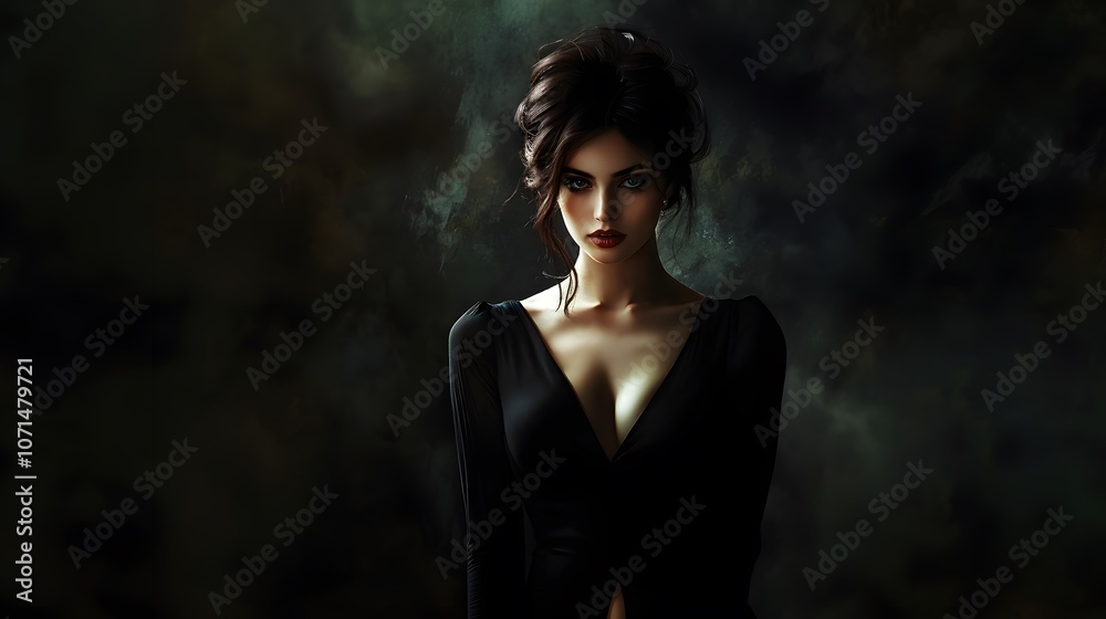 Mysterious woman in a black dress with a V-neck Mysterious woman in a black dress with a V-neck