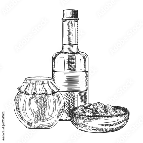 Vector illustration with tomato sauces, glass jars and plate. Kitchen utensils, tools, dishes. Ingredients for cooking, farm products. Hand drawn illustration in line black art, isolated background