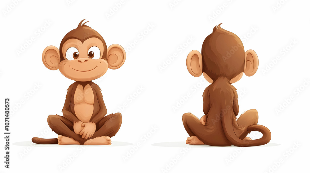 Obraz premium Cute cartoon monkey sitting in a relaxed pose, front and back views.