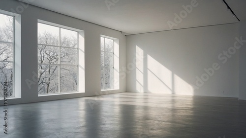 A minimalist white room with a large window casting shadows and light onto the bare walls, creating a serene and contemporary interior backdrop for your product display.