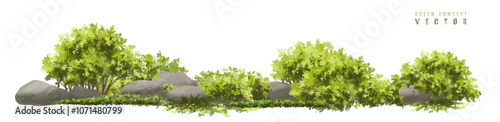  Vector watercolor green  tree or forest side view isolated on white background for landscape and architecture drawing,elements for environment or and garden,Shrub for section