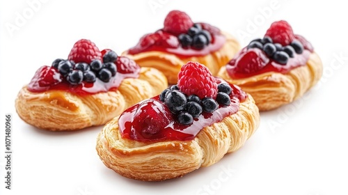 Freshly baked pastries topped with raspberry and blueberry jam, perfect for a sweet treat.