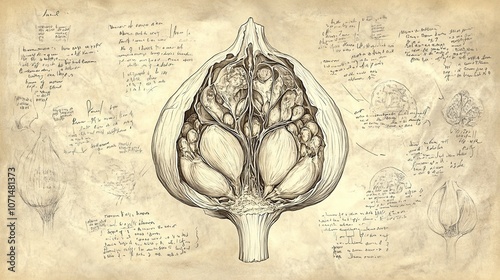 Detailed anatomical illustration of a garlic bulb with handwritten notes on parchment paper.