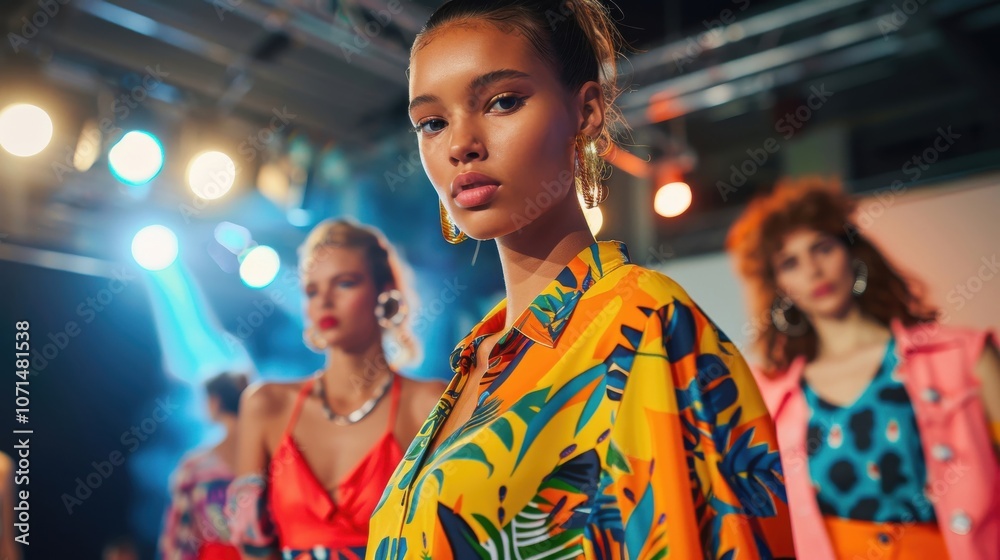 Models display vibrant fashion at a lively runway event in the city center Models display vibrant fashion at a lively runway event in the city center