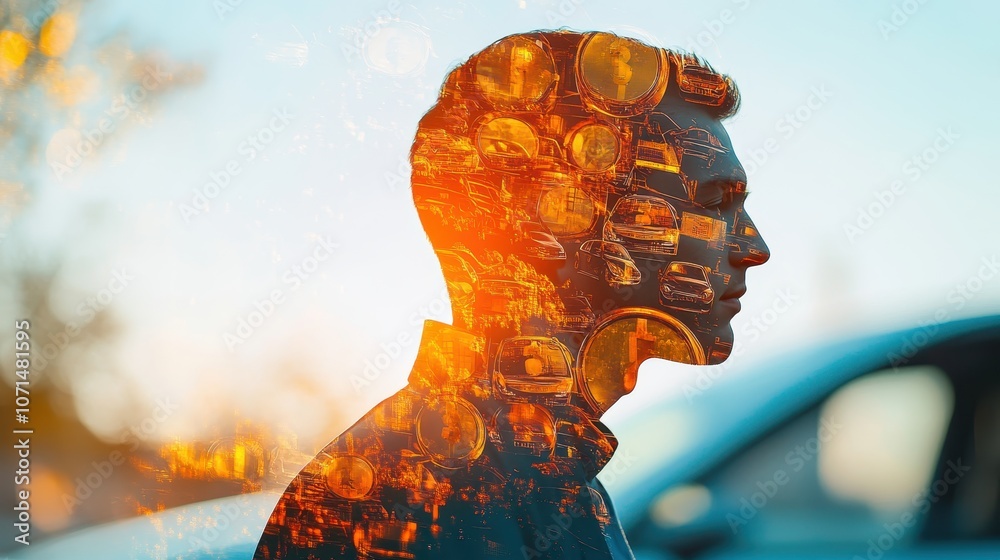 Fototapeta premium Double Exposure of Man Silhouette with Urban Cityscape and Sunset Sky in Background