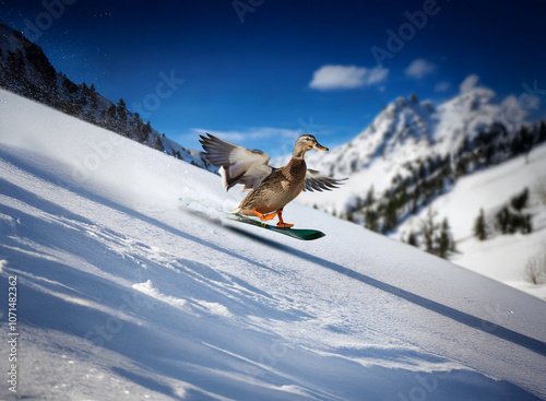 A duck with its wings spread wide, glides down a snow-covered mountain slope on a snowboard. photo