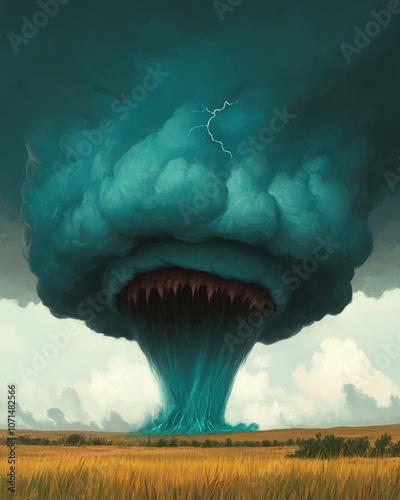 A swirling, teal-colored tornado with a gaping maw of teeth erupts from a field.