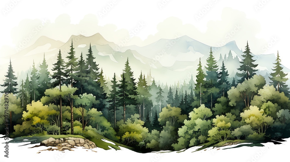 Fototapeta premium A misty mountain landscape with lush evergreen trees and a view of the distant peaks.