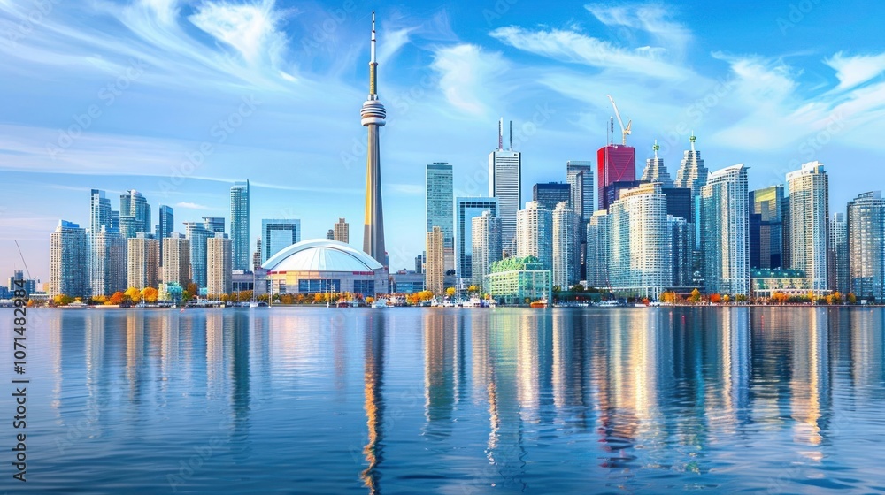 Obraz premium A stunning skyline view of a city with modern architecture and a reflective waterfront.