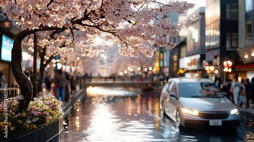 A vibrant panoramic view of Nakameguro during the cherry blossom season, with pink blooms lining the riverbanks and visitors strolling beneath the branches, creating a festive and peaceful scene photo