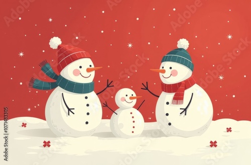 A family of three snowmen dressed in scarves and hats, smiling joyfully in a snowy setting against a bright red background. The cheerful scene radiates holiday warmth and festive spirit.