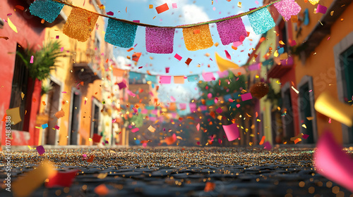 3D Illustration Festive Street with Colorful Confetti and Banners photo