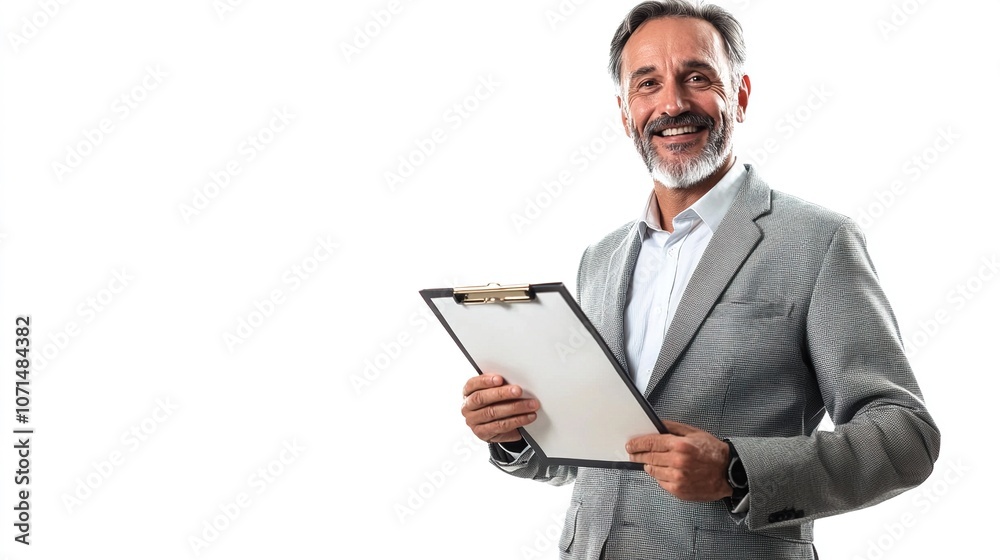 Friendly Businessman Holding Clipboard with Smiling Face Friendly Businessman Holding Clipboard with Smiling Face