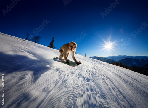 A monkey snowboarding down a snowy mountain slope with the sun shining brightly in the blue sky. photo