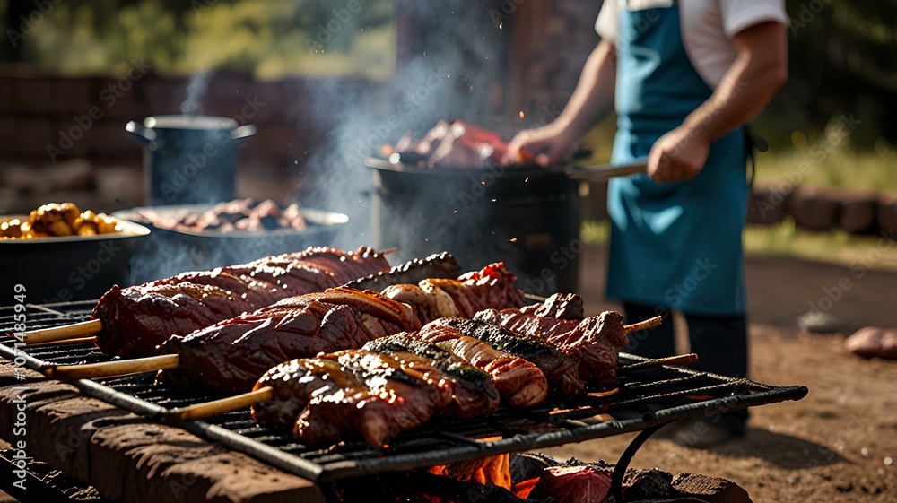 An Argentinian asado scene, showcasing the unique style of open-flame barbecue. Argentinian asado, barbecue, open flame, meat, grilling, Argentine cuisine An Argentinian asado scene, showcasing the unique style of open-flame barbecue. Argentinian asado, barbecue, open flame, meat, grilling, Argentine cuisine