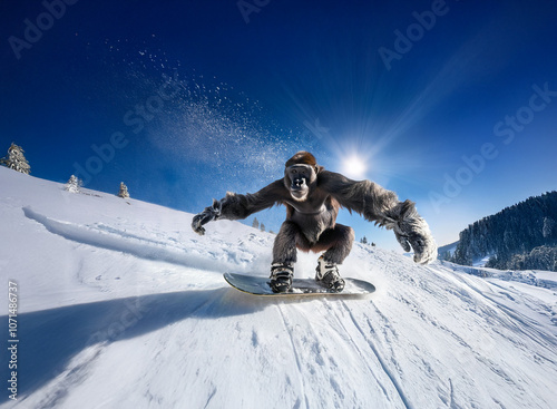 A gorilla wearing snowboarding gear speeds down a snowy mountain slope with the sun shining above. photo