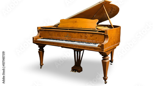 Without background Elegant antique grand piano with intricate wooden design and open lid on white background