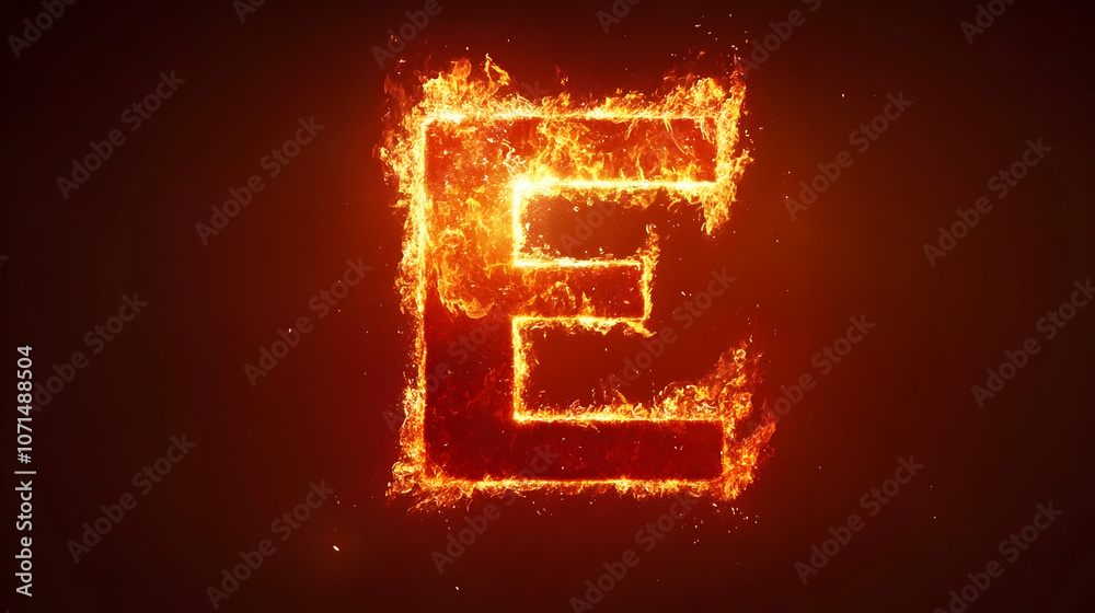Fiery letter E made of fire flames with glowing embers on a black background.