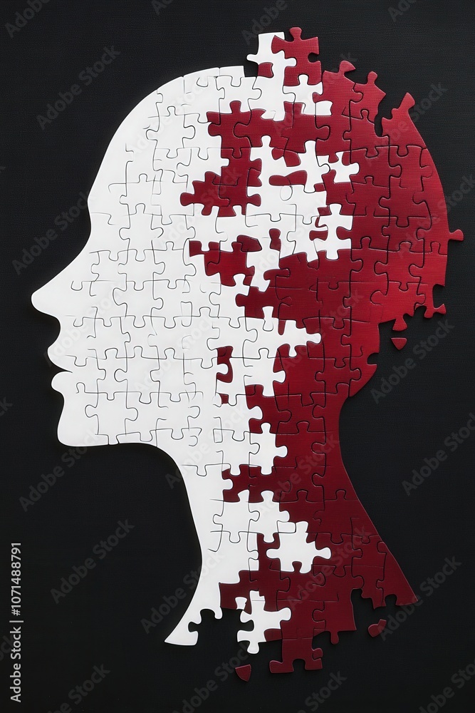 2D Human head from puzzle pieces, white puzle pieces on dark cayenne background 2D Human head from puzzle pieces, white puzle pieces on dark cayenne background