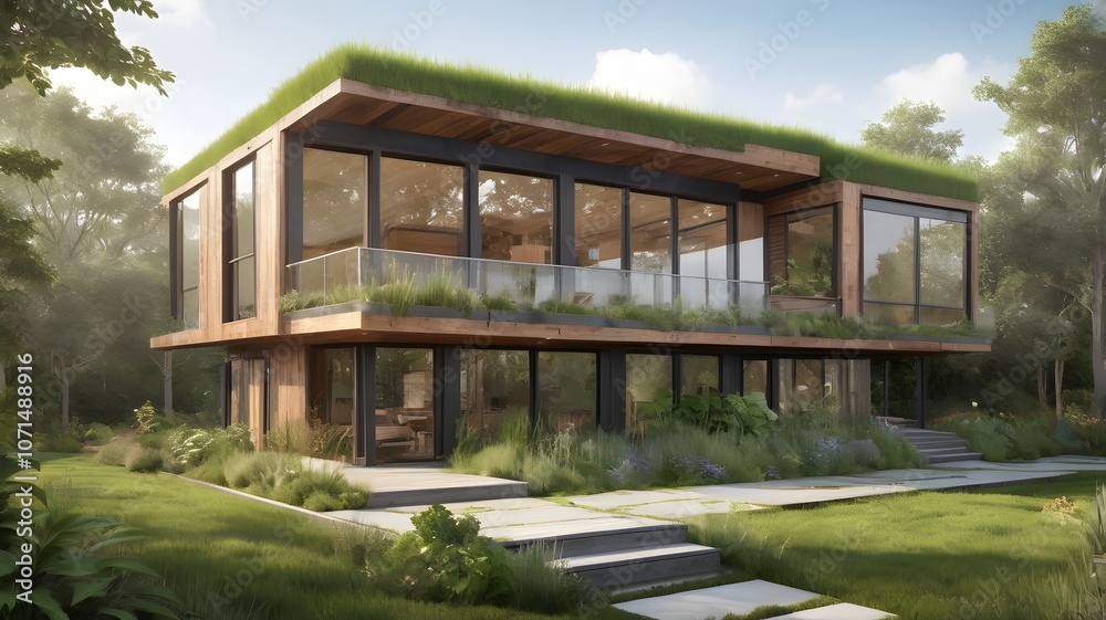 Modern eco-friendly house with lush greenery and a rooftop garden in a serene natural setting during bright daylight. Generative AI Modern eco-friendly house with lush greenery and a rooftop garden in a serene natural setting during bright daylight. Generative AI