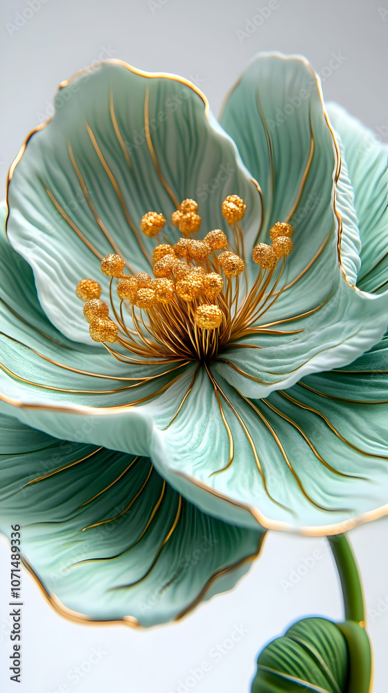 Obraz premium 3D Illustration Green Flower Gold Accents Close-up