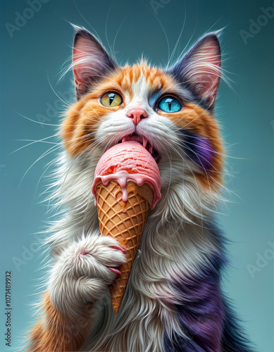 Adorable Cat Enjoying Ice Cream Cone in Playful Pose