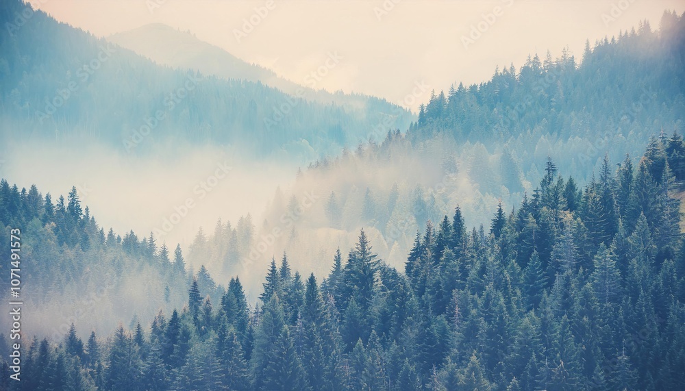 Fototapeta premium A panoramic view of a lush mountain forest blanketed in a thick layer of mist, creating a serene and enchanting atmosphere.