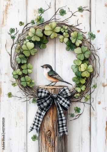 A rustic white wooden background with an intricate wreath made of green clovers and black plaid ribbon. There is also one little bird sitting on top of the shamrock wreath photo