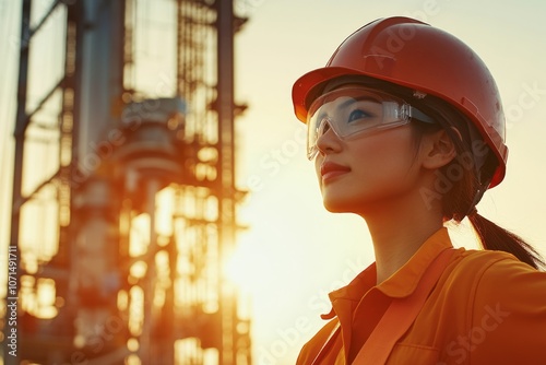 A professional woman in safety gear in front of an an oil rig photo