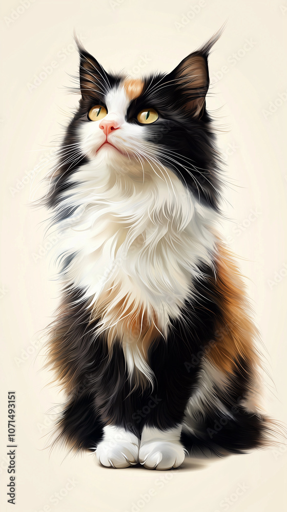 Calico cat with fluffy fur sitting and looking up. Calico cat with fluffy fur sitting and looking up.