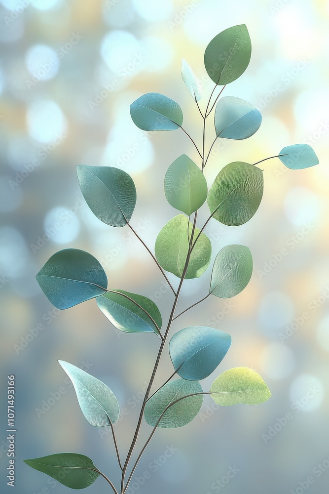 Obraz premium A 3D render of a delicate eucalyptus branch with natural green leaves, showcasing realistic texture and subtle color variations.