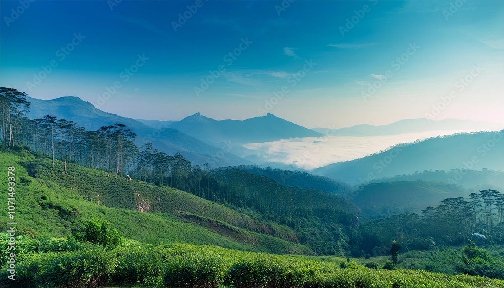 Obraz premium A scenic view of a mountainous landscape with fog covering the valleys, showcasing the beauty of nature and the serenity of the outdoors.