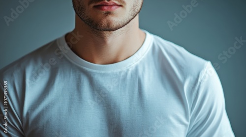 Close-Up Portrait of a Young Man in a White T-Shirt Against a Neutral Background photo