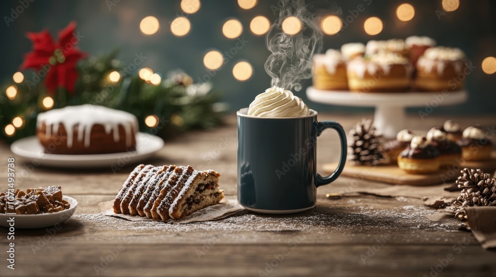 Christmas-themed bakery and drink concept. A cozy winter scene featuring a steaming cup of coffee, delicious pastries, and festive decorations, creating a warm and inviting atmosphere Christmas-themed bakery and drink concept. A cozy winter scene featuring a steaming cup of coffee, delicious pastries, and festive decorations, creating a warm and inviting atmosphere