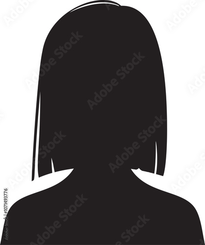 Black silhouette of a woman with short bob haircut facing backwards, isolated on white background, conveying anonymity, mystery, and simplicity